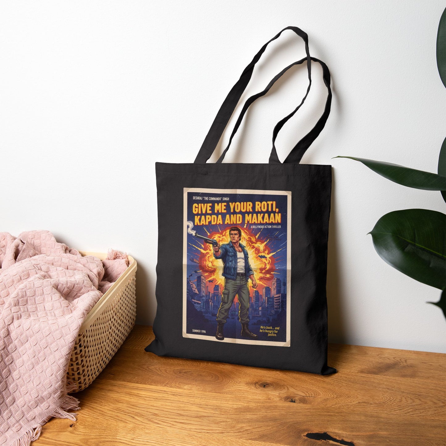 Retro Tote Bag | Give Me Your Roti, Kapda & Makaan | Fun Eco-Friendly Shopping Bag, Gift for Movie Lovers, Casual Everyday Use