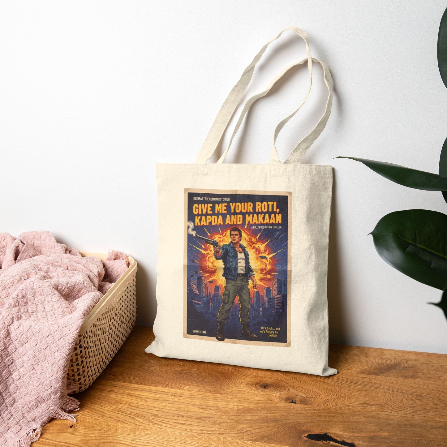 Retro Tote Bag | Give Me Your Roti, Kapda & Makaan | Fun Eco-Friendly Shopping Bag, Gift for Movie Lovers, Casual Everyday Use