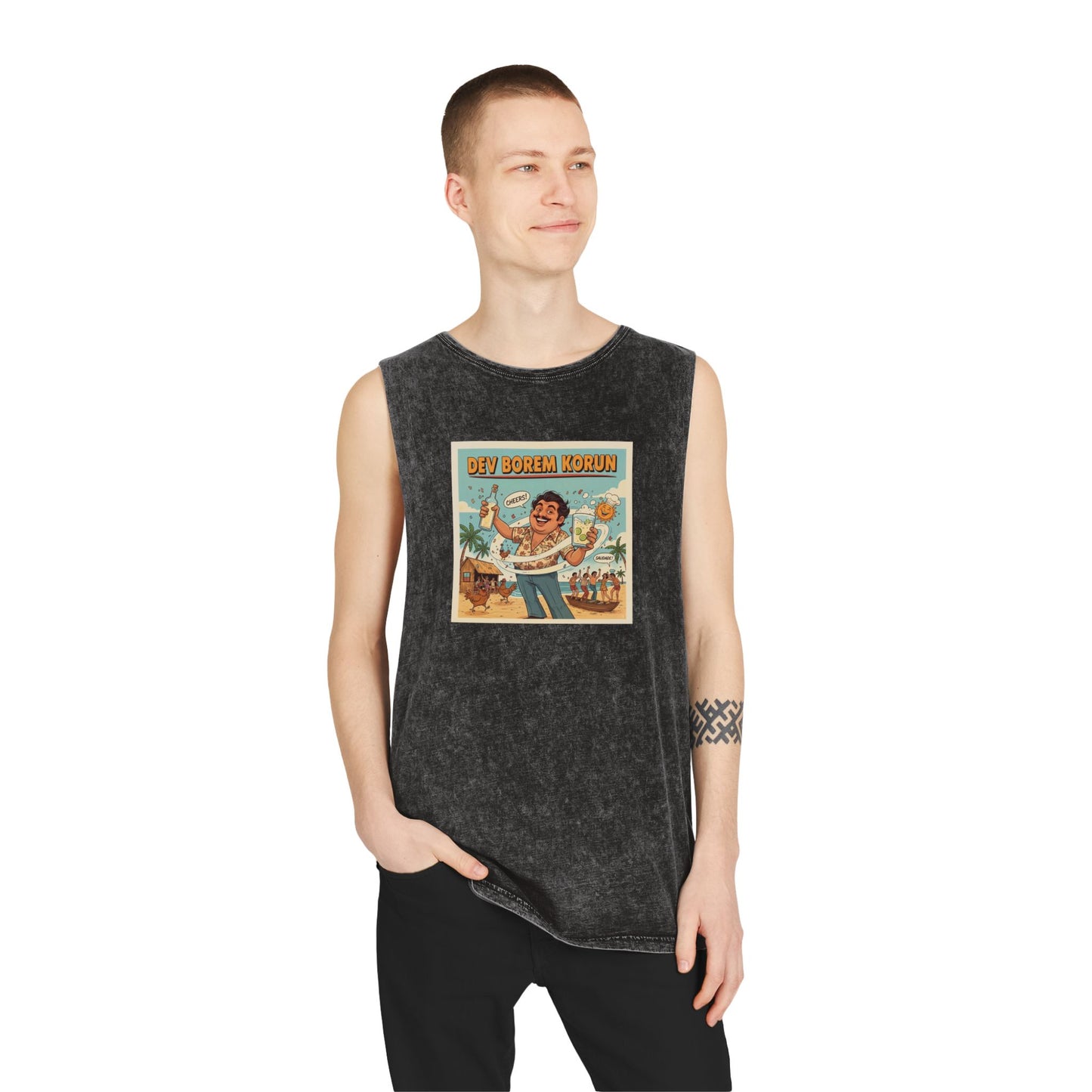 Retro Dev Borem Korun Vibe Tank Top, Vintage Beach Shirt, Unisex Stonewash Top, Vacation Wear, Summer Parties