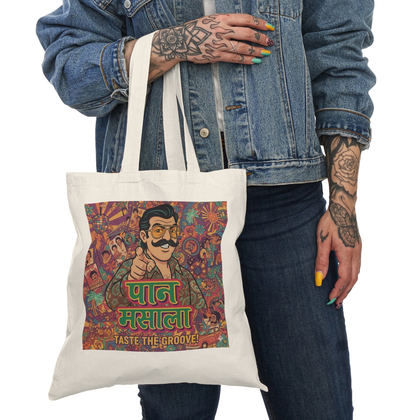 Vibrant Paan Masala Tote Bag - Taste the Groove, Eco-Friendly Shopping Bag, Bohemian Market Tote, Travel Companion, Gift for Music Lovers